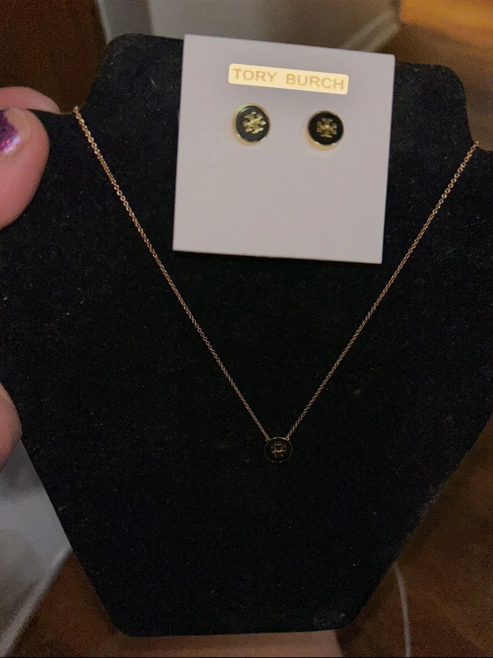 Tory Burch Rose Gold and Black Logo Disc Earrings and matching necklace set